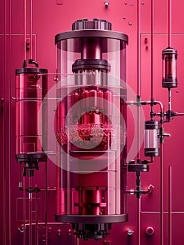 Futuristic Red Laboratory with High Tech Cylindrical Experiment Chamber and Scientific Equipment