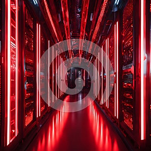 Futuristic Red-Lit Data Center with Reflective Floors