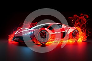 Futuristic red supersport car study at studio scene with blazing fire around. Postproducted generative AI digital illustration of photo