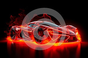 Futuristic red supersport car study at studio scene with blazing fire around. Postproducted generative AI digital illustration of photo
