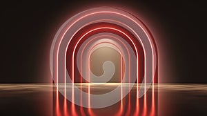 Futuristic red tunnel with glowing neon arches