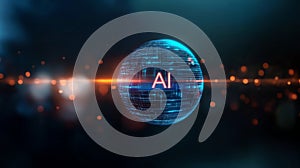 Futuristic representation of AI technology with glowing globe and data patterns on dark background