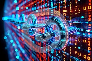 Digital blockchain network with glowing binary code