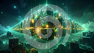 Blockchain Cryptographic Structure Background with Green and Gold Data Blocks