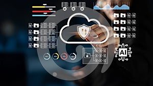 Digital Cloud Security Concept with Artificial Intelligence, Data Protection, User Interaction, and Cybersecurity