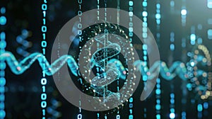 Digital DNA Helix with Binary Code Background Represents Genetic Information Technology