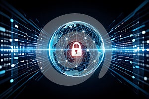 Digital globe with a glowing lock symbolizes global data security