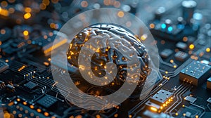 AI Brain on Computer Circuit Board with Neural Connections and Glowing Particles