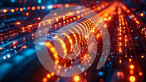 A futuristic representation of glowing fiber optic cables transmitting data through a high-tech digital network