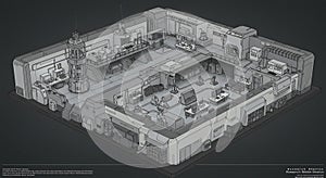 Futuristic research station model featuring a rectangular layout with detailed