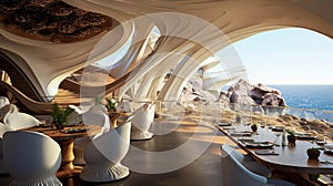 Futuristic Restaurant Above the Sea. Luxury Dining Haven Above The Waves. Generative AI
