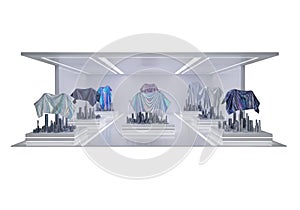 Futuristic retail display showcasing modern apparel and advanced technology design