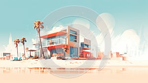 Futuristic Retro House With Palm Trees On Blue And Orange Background