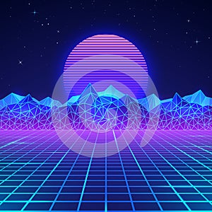 Futuristic retro landscape of the 80`s in neon colors. Sun with mountains in retro style. Digital retro cyber surface. Vector