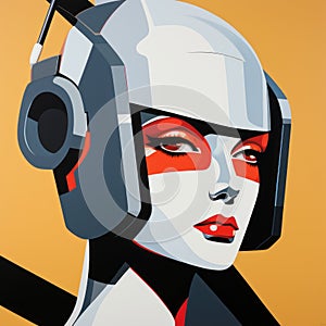 Futuristic Retro Painting: White Woman With Headphones And Mining Robot Soldier