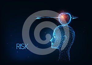 Futuristic risk management, business concept with glowing low polygonal head with apple and arrow