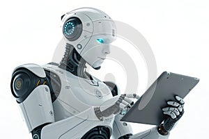 Futuristic robot ai artificial intelligence using tablet technology automation concept