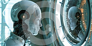 Futuristic robot with AI looks into mirrors, realizing itself as an individual, design and advanced technology, banner photo
