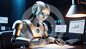 Futuristic Robot Analyst at Desk