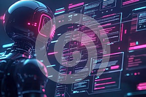 Futuristic robot analyzing complex data streams in a digital environment with cybernetic interfaces