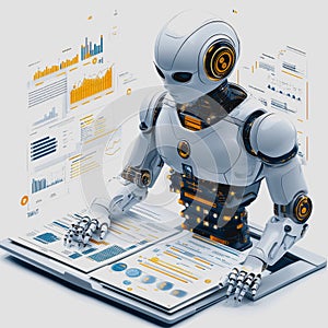 Futuristic robot analyzing data with digital charts, graphs, and statistics in a modern office environment, representing