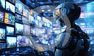 Futuristic robot analyzing data in a high-tech control room with multiple screens