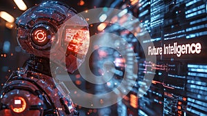 Futuristic robot analyzing data in high-tech digital environment