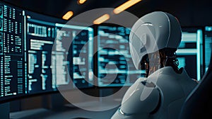 Futuristic Robot Analyzing Data on Multiple Computer Monitors