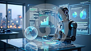 Futuristic robot analyzing data on a transparent touch screen in a modern office