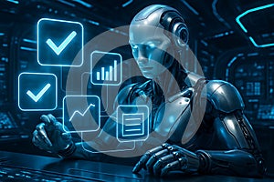 Futuristic robot analyzing digital data artificial intelligence