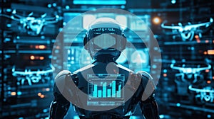 Futuristic robot analyzing digital data in high-tech control room. Big data and machine learning