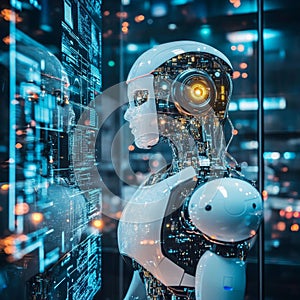 Futuristic Robot Analyzing Digital Data on a Transparent Screen in a High-Tech Environment