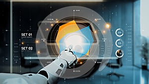 Futuristic Robot Arm Interacting with Data Visualization in a Modern Workspace Setting. Auvana