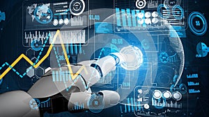 Futuristic Robot Arm Interacting with Digital Interface and Data Analytics Graphs in High-Tech Background for Artificial