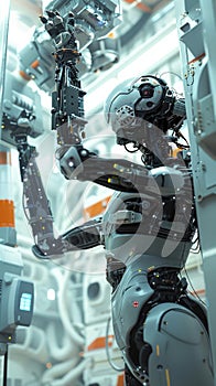 Futuristic robot with articulated arms in a high-tech facility