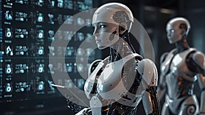 Futuristic robot artificial intelligence humanoid AI with tablet in her hand programming coding technology development and machine photo