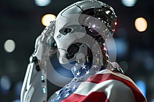 Futuristic robot with artificial intelligence wrapped in the American flag salutes