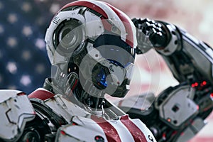 Futuristic robot with artificial intelligence wrapped in the American flag salutes