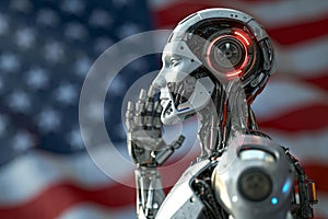 Futuristic robot with artificial intelligence wrapped in the American flag salutes