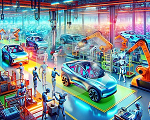 Futuristic Robot Automobile Manufacturing Factory Humanoid Workers Assembly Production AI Generated