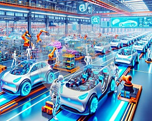 Futuristic Robot Automobile Manufacturing Factory Humanoid Workers Assembly Production AI Generated