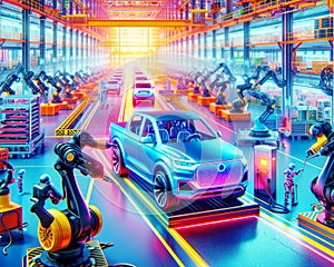 Futuristic Robot Automobile Manufacturing Factory Humanoid Workers Assembly Production AI Generated photo