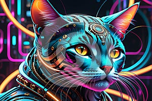 Futuristic Robot Cat - Abstract Cyberpunk Elements, Swirling Neon Hues Framing Metallic Feline Structure