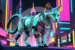 Futuristic Robot Cat - Combines Organic Feline Grace with Cybernetic Enhancements, Set Against a Neon Backdrop