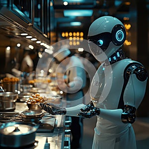 Futuristic Robot Chef Preparing Culinary Delights in Modern Kitchen