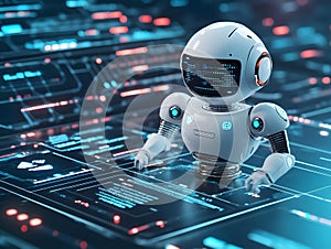 Futuristic robot coding on a computer with digital programming interface and data processing