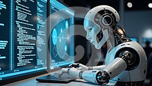 Futuristic robot coding on computer screens, advanced technology