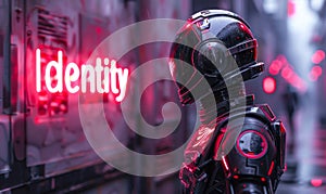 Futuristic robot concept with Identity neon sign reflecting the modern challenges of technology artificial intelligence and