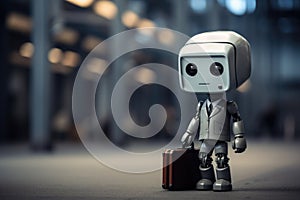 Futuristic robot confidently holding briefcase, engaged in business dealings. This image captures blend of technology an