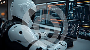 Futuristic robot cyber security engineer working on multiple monitors with data analysis and coding for artificial intelligence